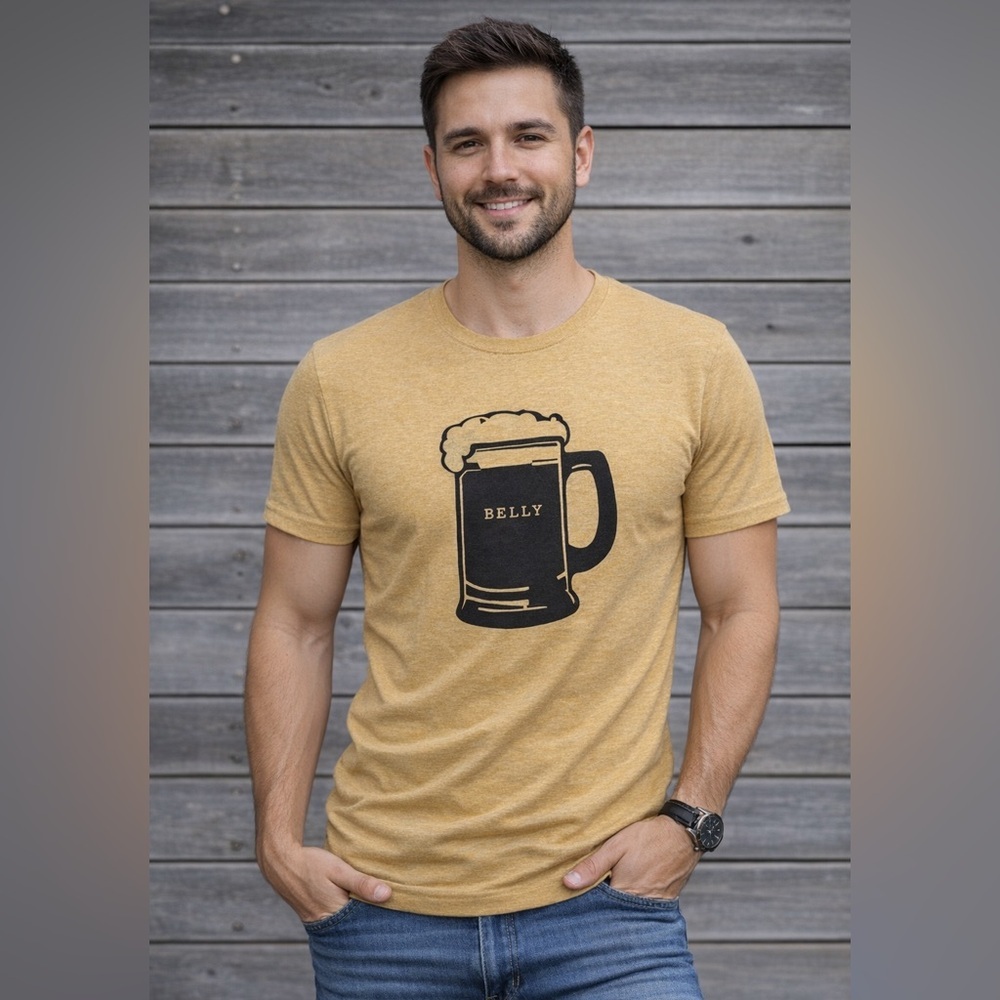 Prana Beer Belly Journeyman Graphic Tee Men’s Large Mustard Yellow Short Sleeve